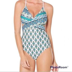 Coastal Zone Swimsuit Jantzen Bohemian Print Cut Out One Piece L